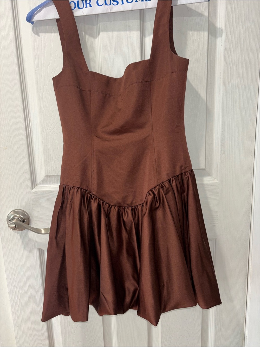 We Wore What brown satin bubble dress